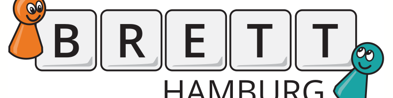 Logo von BRETT Hamburg, bestehend aus dem Schriftzug "BRETT" in Großbuchstaben und "HAMBURG" in einer größeren Schriftart darunter. Zwei bunte Spielfiguren in Orange und Türkis sind am Anfang und Ende des Wortes platziert, die lächeln. Der Hintergrund ist weiß.