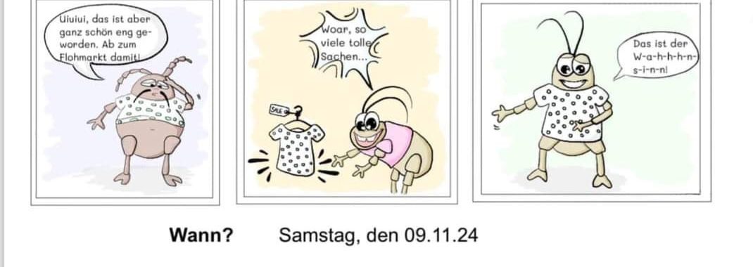 Drei Panels eines Comics mit einer Figur, die wie ein Käfer aussieht. Im ersten Panel sagt die Figur: "Oh, das ist aber ganz schön eng geworden, das ist ja unangenehm!" Im zweiten Panel hält die Figur ein T-Shirt und sagt: "Wow, das sieht toll aus!" Im dritten Panel steht die Figur zufrieden da und sagt: "Das ist der Lichtblick!"