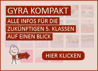 Grafik mit der Aufschrift "GYRA KOMPAKT" und dem Text "ALLE INFOS FÜR DIE ZUKÜNFTIGEN 5. KLASSEN AUF EINEN BLICK". Ein Cartoon-Charakter zeigt mit einem Pfeil nach rechts auf einen Button mit der Aufschrift "HIER KLICKEN". Hintergrund mit unscharfen Bildern.